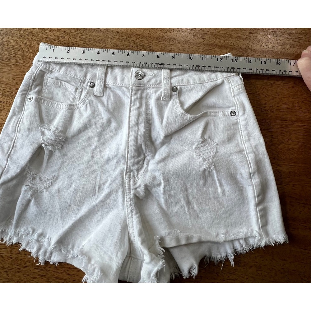 American Eagle White Distressed Super Stretch Denim Shorts Womens Sz 2 High Rise - Picture 5 of 6